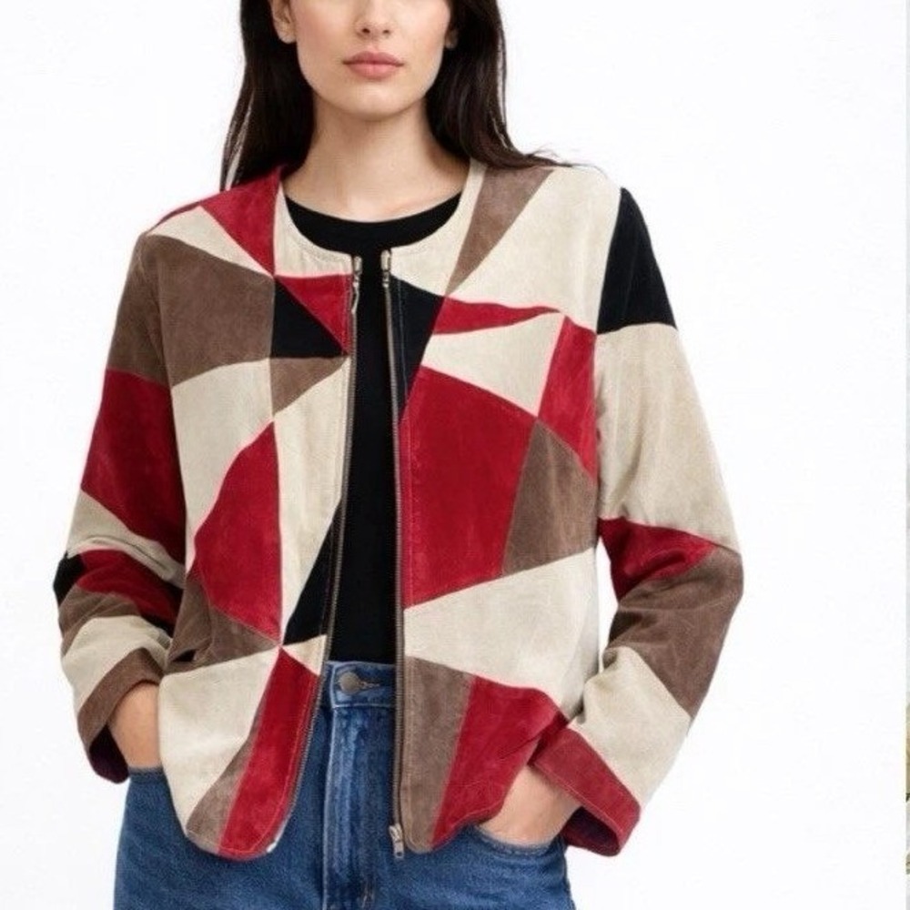 Vntg Karen Arnold Patchwork Leather Jacket Red Cream Colorblock Y2K Womens Small